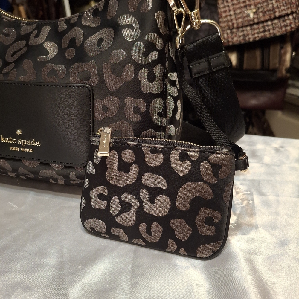 Kate Spade Black and Silver  Cheetah Print Hobo Crossbody Bag With Pouchette - Picture 3 of 13